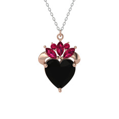 Siyah zirkon ve rodolit garnet 14 ayar rose altın kolye (40 cm gümüş rolo zincir)
