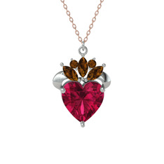 Rodolit garnet ve dumanlı kuvars 8 ayar beyaz altın kolye (40 cm rose altın rolo zincir)