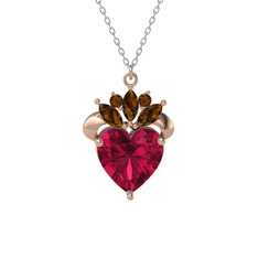 Kraliyet Kalp Kolye - Rodolit garnet ve dumanlı kuvars 925 ayar rose altın kaplama gümüş kolye (40 cm gümüş rolo zincir) #9sym5z