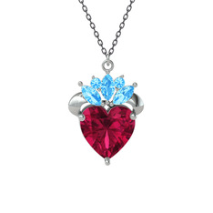 Rodolit garnet ve akuamarin 18 ayar beyaz altın kolye (40 cm gümüş rolo zincir)
