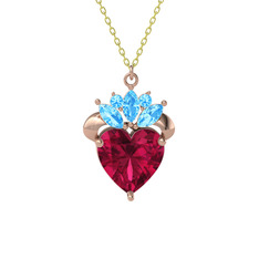 Rodolit garnet ve akuamarin 8 ayar rose altın kolye (40 cm gümüş rolo zincir)