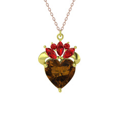 Kraliyet Kalp Kolye - Dumanlı kuvars ve garnet 18 ayar altın kolye (40 cm rose altın rolo zincir) #b3htgs