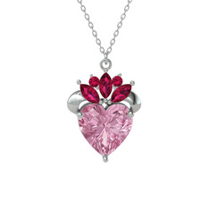 Pembe kuvars ve rodolit garnet 18 ayar beyaz altın kolye (40 cm beyaz altın rolo zincir)