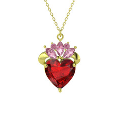 Kraliyet Kalp Kolye - Garnet ve pembe kuvars 8 ayar altın kolye (40 cm gümüş rolo zincir) #ckdqgr