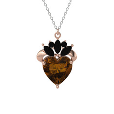 Kraliyet Kalp Kolye - Dumanlı kuvars ve siyah zirkon 14 ayar rose altın kolye (40 cm beyaz altın rolo zincir) #ee96m0