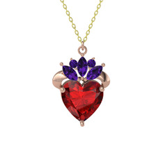 Kraliyet Kalp Kolye - Garnet ve ametist 8 ayar rose altın kolye (40 cm altın rolo zincir) #em2ppa
