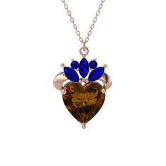 Kraliyet Kalp Kolye - Dumanlı kuvars ve lab safir 14 ayar rose altın kolye (40 cm rose altın rolo zincir) #flrrqh