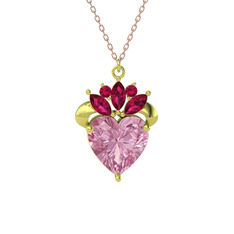 Pembe kuvars ve rodolit garnet 14 ayar altın kolye (40 cm rose altın rolo zincir)