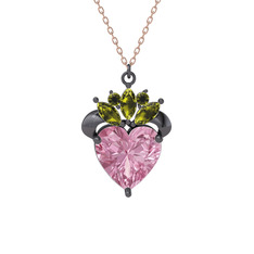 Kraliyet Kalp Kolye - Pembe kuvars ve peridot 925 ayar siyah rodyum kaplama gümüş kolye (40 cm rose altın rolo zincir) #h7mju