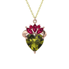 Kraliyet Kalp Kolye - Peridot ve rodolit garnet 8 ayar rose altın kolye (40 cm altın rolo zincir) #i9v5h7