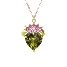 Kraliyet Kalp Kolye - Peridot ve pembe kuvars 14 ayar altın kolye (40 cm rose altın rolo zincir) #kh1age