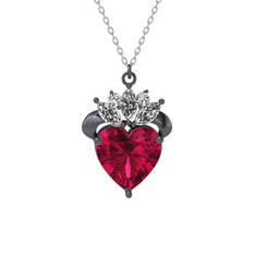 Rodolit garnet ve beyaz zirkon 925 ayar siyah rodyum kaplama gümüş kolye (40 cm beyaz altın rolo zincir)