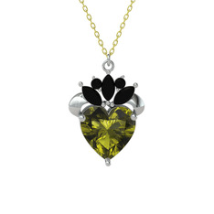 Kraliyet Kalp Kolye - Peridot ve siyah zirkon 18 ayar beyaz altın kolye (40 cm altın rolo zincir) #l5xhrx
