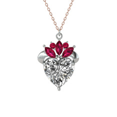 Beyaz zirkon ve rodolit garnet 14 ayar beyaz altın kolye (40 cm rose altın rolo zincir)