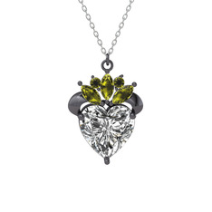 Kraliyet Kalp Kolye - Swarovski ve peridot 925 ayar siyah rodyum kaplama gümüş kolye (40 cm gümüş rolo zincir) #lppb8k