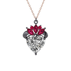Kraliyet Kalp Kolye - Swarovski ve rodolit garnet 925 ayar siyah rodyum kaplama gümüş kolye (40 cm rose altın rolo zincir) #n15rh9