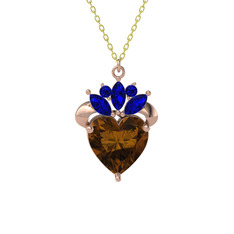 Kraliyet Kalp Kolye - Dumanlı kuvars ve lab safir 8 ayar rose altın kolye (40 cm gümüş rolo zincir) #n6gr56