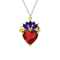 Kraliyet Kalp Kolye - Garnet ve ametist 18 ayar altın kolye (40 cm rose altın rolo zincir) #nphwxo