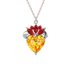 Kraliyet Kalp Kolye - Sitrin ve garnet 14 ayar beyaz altın kolye (40 cm rose altın rolo zincir) #pfsfw3