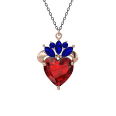 Kraliyet Kalp Kolye - Garnet ve lab safir 18 ayar rose altın kolye (40 cm gümüş rolo zincir) #pmgk90