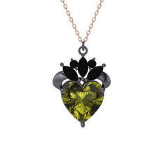 Peridot ve siyah zirkon 925 ayar siyah rodyum kaplama gümüş kolye (40 cm rose altın rolo zincir)