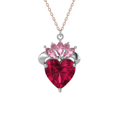 Kraliyet Kalp Kolye - Rodolit garnet ve pembe kuvars 925 ayar gümüş kolye (40 cm rose altın rolo zincir) #t2noi5