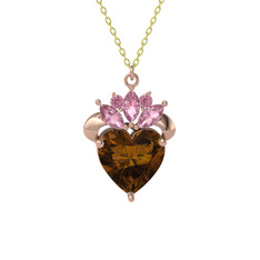 Dumanlı kuvars ve pembe kuvars 18 ayar rose altın kolye (40 cm altın rolo zincir)