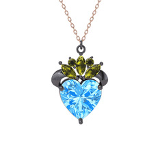 Akuamarin ve peridot 925 ayar siyah rodyum kaplama gümüş kolye (40 cm rose altın rolo zincir)
