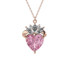 Kraliyet Kalp Kolye - Pembe kuvars ve swarovski 14 ayar rose altın kolye (40 cm rose altın rolo zincir) #v0exgb