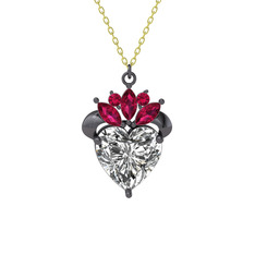 Kraliyet Kalp Kolye - Swarovski ve rodolit garnet 925 ayar siyah rodyum kaplama gümüş kolye (40 cm altın rolo zincir) #vmfdf3