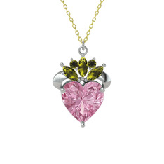 Pembe kuvars ve peridot 18 ayar beyaz altın kolye (40 cm altın rolo zincir)