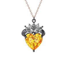 Sitrin ve swarovski 925 ayar siyah rodyum kaplama gümüş kolye (40 cm rose altın rolo zincir)