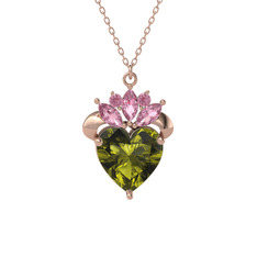 Kraliyet Kalp Kolye - Peridot ve pembe kuvars 8 ayar rose altın kolye (40 cm rose altın rolo zincir) #w8kjkv