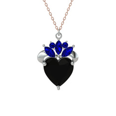 Siyah zirkon ve lab safir 18 ayar beyaz altın kolye (40 cm rose altın rolo zincir)