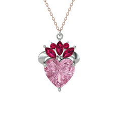 Pembe kuvars ve rodolit garnet 18 ayar beyaz altın kolye (40 cm rose altın rolo zincir)