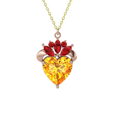 Kraliyet Kalp Kolye - Sitrin ve garnet 8 ayar rose altın kolye (40 cm altın rolo zincir) #xx3tff