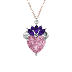 Pembe kuvars ve ametist 18 ayar beyaz altın kolye (40 cm gümüş rolo zincir)