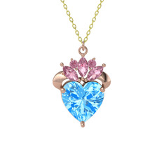 Akuamarin ve pembe kuvars 18 ayar rose altın kolye (40 cm altın rolo zincir)