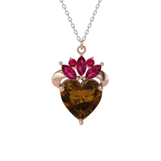 Dumanlı kuvars ve rodolit garnet 925 ayar rose altın kaplama gümüş kolye (40 cm beyaz altın rolo zincir)