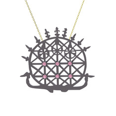 Güneş Kursu Kolye - Pembe kuvars 925 ayar siyah rodyum kaplama gümüş kolye (40 cm altın rolo zincir) #l9rlpq