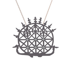 Güneş Kursu Kolye - Beyaz zirkon 925 ayar siyah rodyum kaplama gümüş kolye (40 cm rose altın rolo zincir) #wk19t0