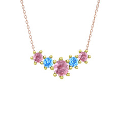 Pembe kuvars ve akuamarin 18 ayar altın kolye (40 cm rose altın rolo zincir)