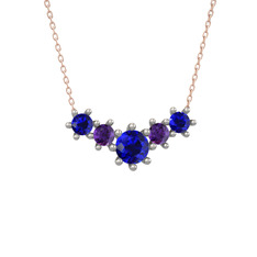 Lab safir ve ametist 925 ayar gümüş kolye (40 cm rose altın rolo zincir)