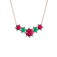 Rodolit garnet ve kök zümrüt 14 ayar beyaz altın kolye (40 cm rose altın rolo zincir)