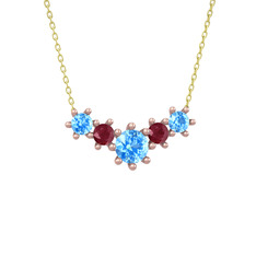 Aine Beştaş Kolye - Akuamarin ve kök yakut 925 ayar rose altın kaplama gümüş kolye (40 cm altın rolo zincir) #14k2glr
