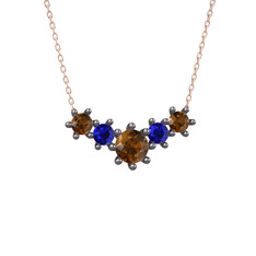 Aine Beştaş Kolye - Dumanlı kuvars ve lab safir 925 ayar siyah rodyum kaplama gümüş kolye (40 cm rose altın rolo zincir) #15mybs