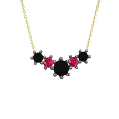 Siyah zirkon ve rodolit garnet 925 ayar siyah rodyum kaplama gümüş kolye (40 cm altın rolo zincir)