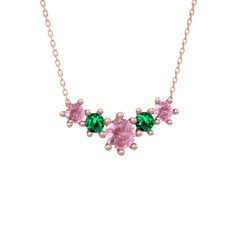 Pembe kuvars ve yeşil kuvars 18 ayar rose altın kolye (40 cm rose altın rolo zincir)