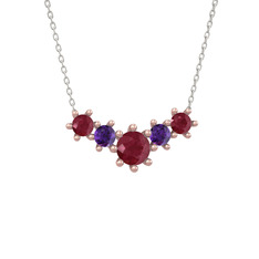 Aine Beştaş Kolye - Kök yakut ve ametist 14 ayar rose altın kolye (40 cm beyaz altın rolo zincir) #1e0ovye