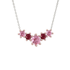 Pembe kuvars ve kök yakut 925 ayar rose altın kaplama gümüş kolye (40 cm gümüş rolo zincir)